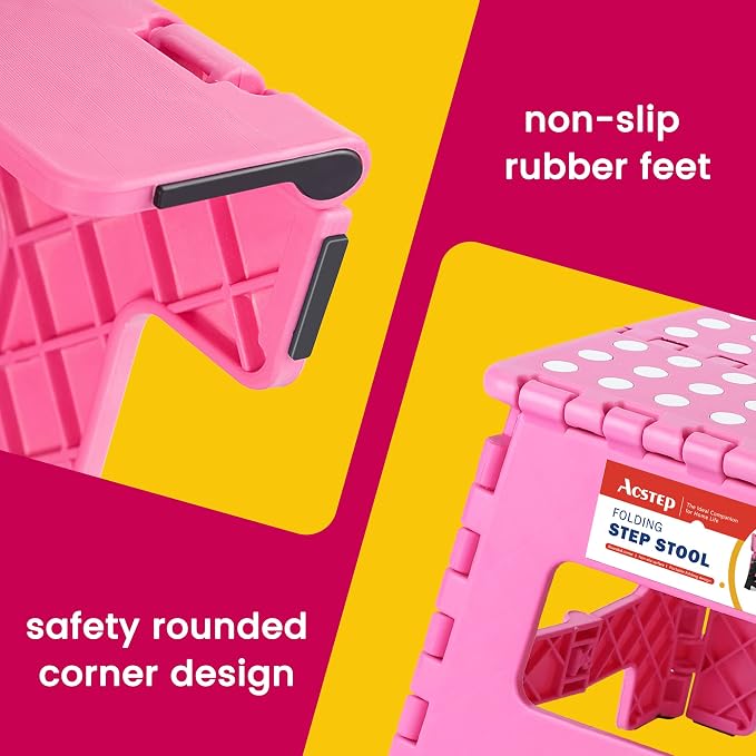 9" Folding Step Stool for Kids, Holds 300 lb Foldable Stools, Pink | Heavy Duty Collapsible Foot Stools, Lightweight, Non-Slip, for Toddler/Adults Kitchen Bathroom Bedroom Outdoor, with Handle - Image 2