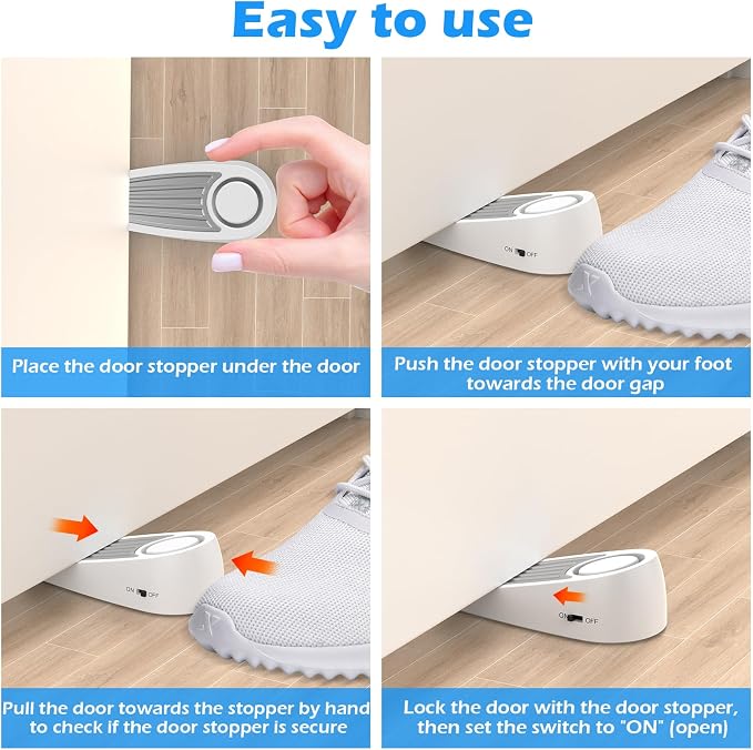 Door Stoppers Alarm Security, 120dB Security Alarm, Hotel Door Alarm, Door Stoppers for Bottom of Door, for Travel, Hotel, College Dorm Room, Apartment, Airbnb Stays, White, 4 Pack - Image 5