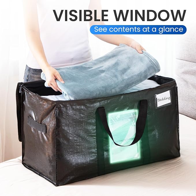 TAILI 4 Pack Black Extra Large Moving Bags,Storage Bag with Visible Window | 93L Heavy Duty Totes For Storage,Wrap Around Handles,Alternative to Moving Boxes, College Dorm,Perfect for Moving - Image 3