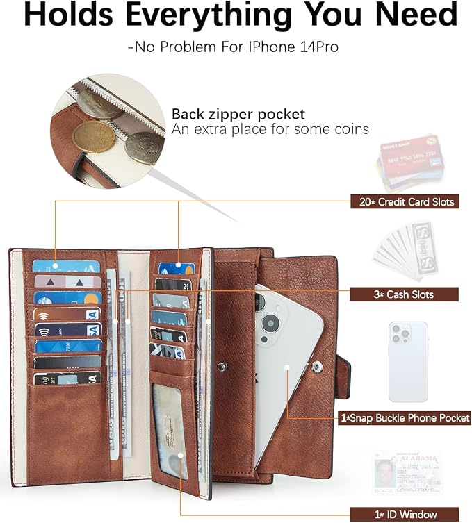 BOSTANTEN Womens Leather Wallet RFID Large Capacity Credit Card Holder | 20 Card Slots, Phone Holder, Zipper Coin Pocket, Clutch Wallet, Long Bifold, Ladies Gifts, Apricot - Image 2
