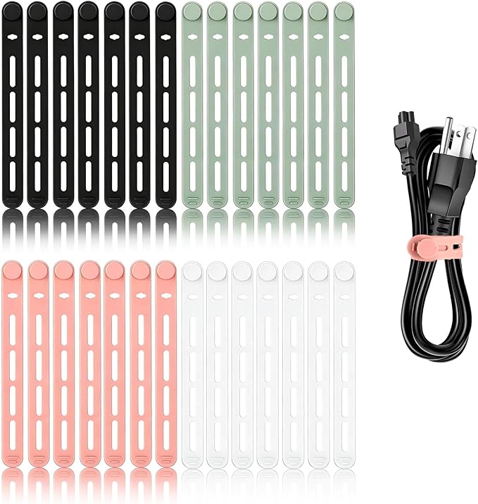 28Pcs Silicone Cable Ties Reusable, Multipurpose Cable Management Organizer, Adjustable Fastening Cable Straps with Locking Buckles, High Elasticity Cord Organizer, Travel Essentials (5.2in, 4Colors) by Unknown