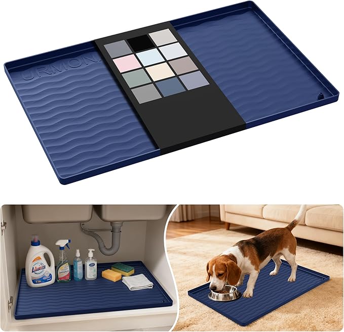 URMONA Waterproof Silicone Under Sink Mat 22'' x 14'' Shelf Liner for Kitchen and Bathroom, Cabinet and Counter Protector, Storage and Organizers, Litter Mat, Pet Cat Puppy Essentials(Navy) by URMONA