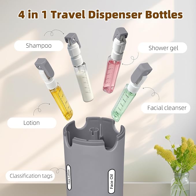 4 in 1 Travel Dispenser Bottle,4 Pack 30ML Travel Bottles for Toiletries, Leak Proof Travel Size Containers (Grey) - Image 4