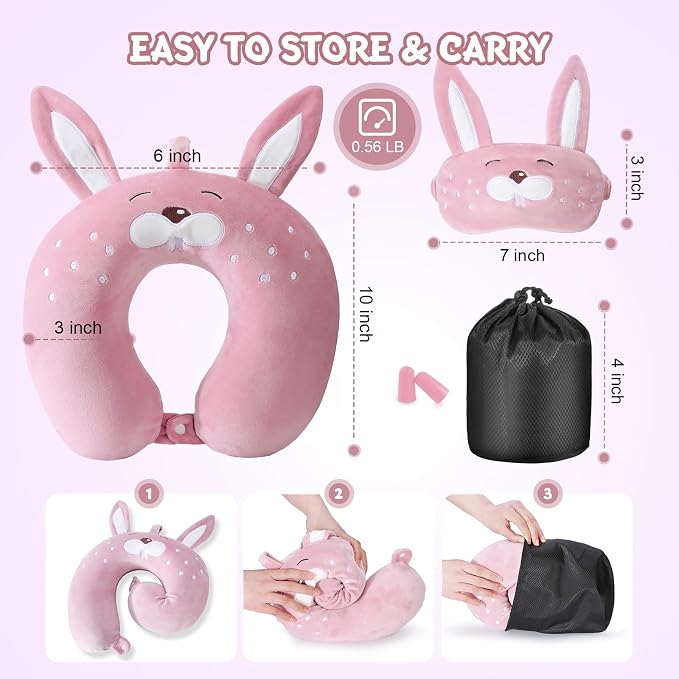 Cirorld Travel Pillow for Kids Adult Cute Neck Pillow for Traveling Memory Foam Airplane Pillow Sleep Mask Animal Flight Pillow Head Rest Neck Support for Cars Long Flights (Rabbit, 9-12 Y/O) - Image 8