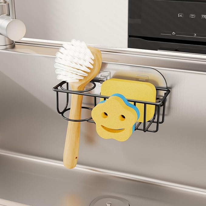 HapiRm Sink Caddy Sponge Holder - No Drill Kitchen Sink Organzier with Smiley Face Sponge Holder, Rustproof and Waterproof Kitchen Organizer - Black - Image 6