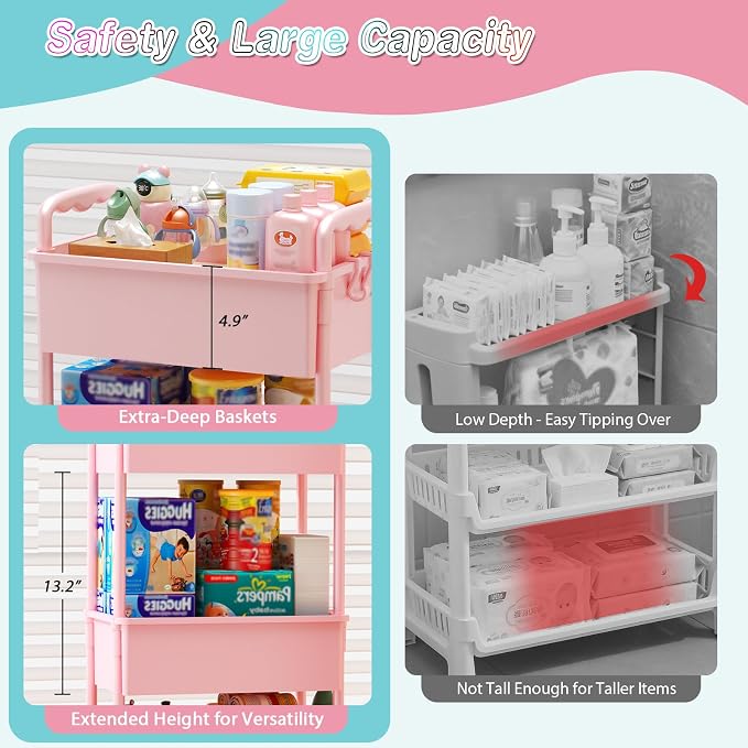 SUNALLY Baby Diaper Caddy Cart, 3 Tier Rolling Diaper Cart for Nursery,Pink | Large Capacity & Easy Assemble Diaper Storage Organizer with Lockable Wheels for Newborn, New Mom, Baby Girl Boy Essentials - Image 3