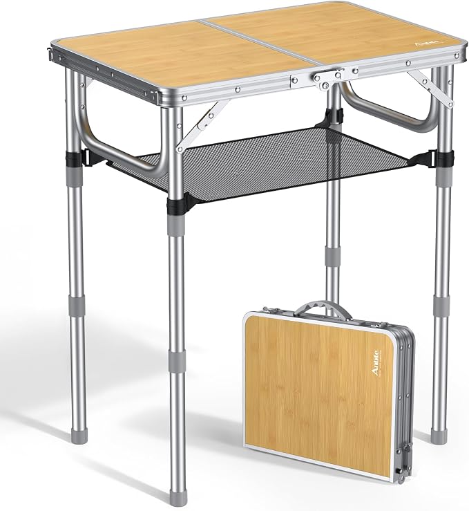 Anbte 2ft Camping Folding Table, 3 Adjustable Heights High 27.5", 24" x 16" | Aluminum Small Folding Table with Storage Net, Portable, For Outdoor Indoor Picnic Beach BBQ RV Travel Camp, Light Oak Grain by Anbte
