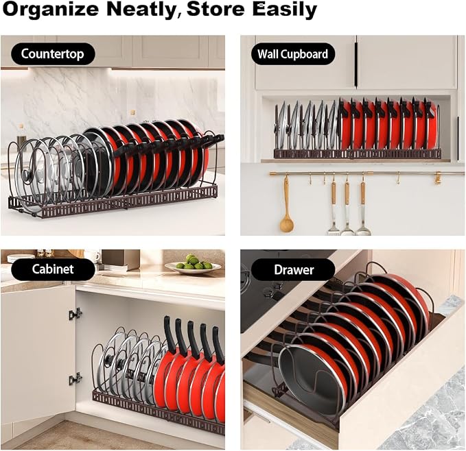 Housolution Pot and Pan Lid Organizer Holder Storage Rack, Bronze | 12"-23" Expandable, 14 Adjustable Dividers, Sturdy Metal Construction, Easy Assembly - Image 6