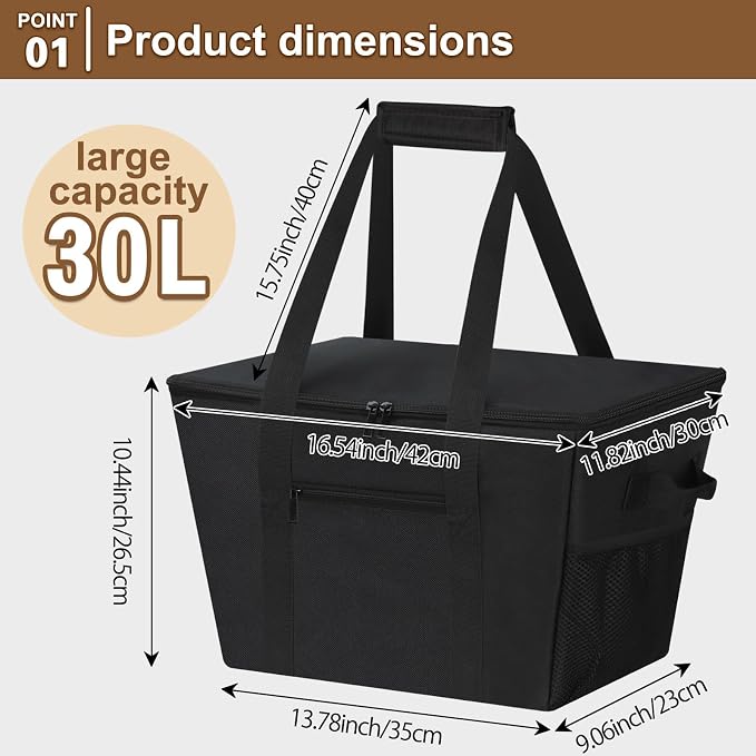 Reusable Grocery Bag – Expandable Insulated Cooler Bag with Bottom Board, Collapsible Insulated Shopping Bag with Zipper & Drawstring, Heavy Duty Tote Bag for Shopping, Delivery, Picnic, Beach - Image 3