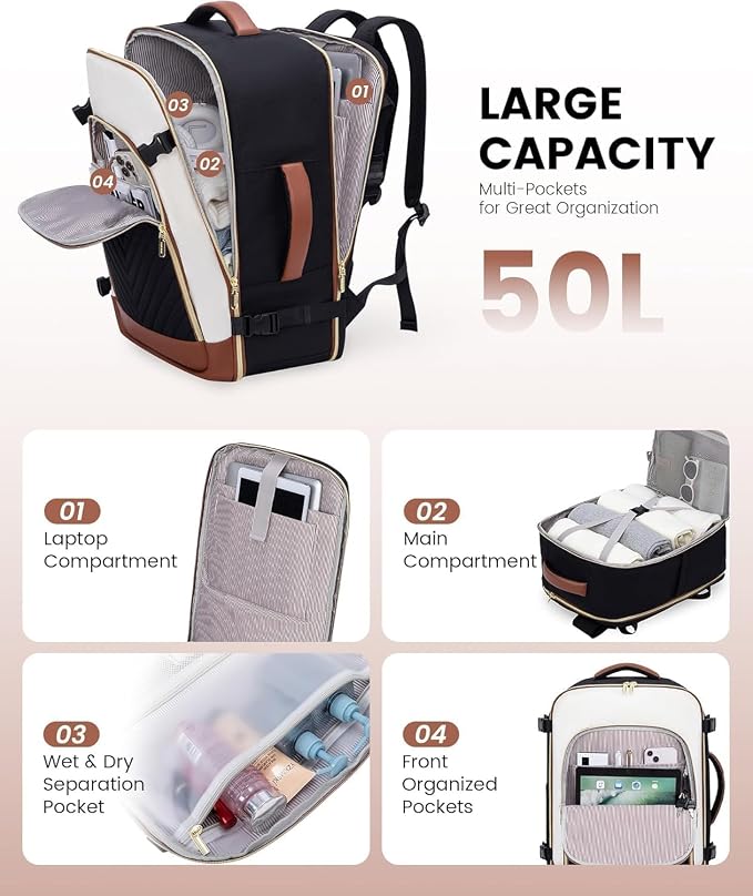 LOVEVOOK Large Travel Backpack for Women, TSA Carry on Backpack for Airplanes, 40L Personal Item Travel Bag for Women fits 17" Laptop,Waterproof Carry on Bag Airplane Approved with 3 Packing Cubes - Image 4
