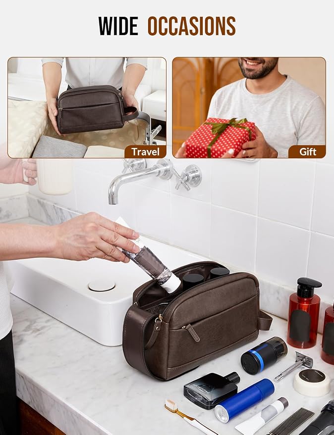 PU Leather Toiletry Bag for Men - Water Resistant Travel Bag for Toiletries, Bathroom Essentials, Accessories - Dark Brown - Image 6
