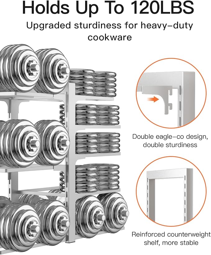 Pots and Pans Organizer Under Cabinet 15.8" 8-Tier Adjustable Silver | 2 DIY Modes, Tool-Free Assembly, Max 120 Lbs, Fits Cast Iron Pans, Dutch Ovens & Heavy Cookware, For Kitchen Cabinets - Image 6