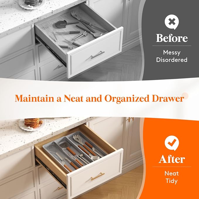 Lifewit Utensil Organizer for Kitchen Drawer, Expandable Cooking Tray | Adjustable Cutlery Flatware Holder, Plastic Silverware Spatula Tools Storage Divider, 8.9-14.4 x 15.8", Gray - Image 7