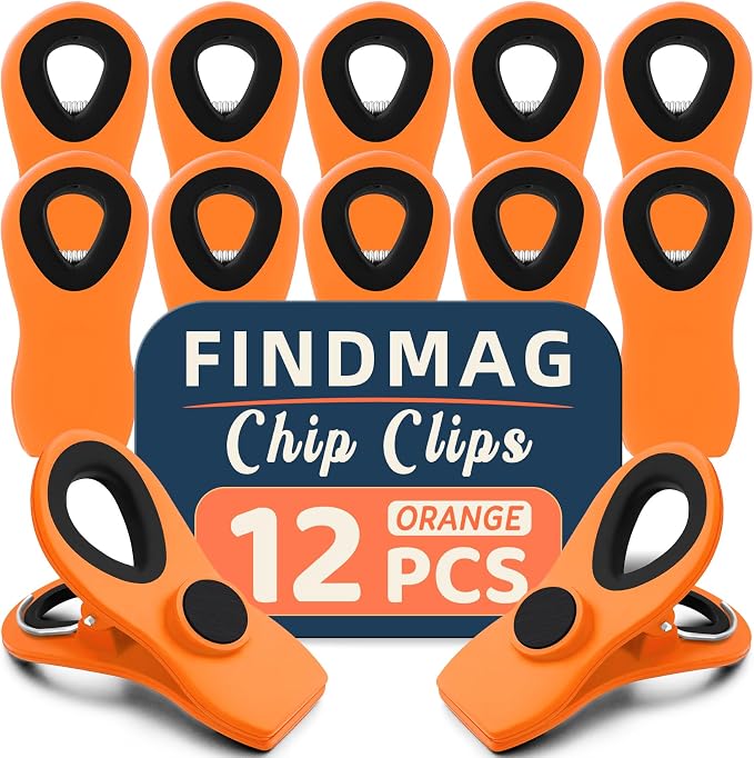 12 Pack Chip Clips, Magnetic Chip Bag Clips for Kitchen, Orange | Food Clips for Bags with Airtight Seal Grip and Firm Grip, Ideal for Kitchen Food and Snack, Fridge, Garden and Office Use by FINDMAG
