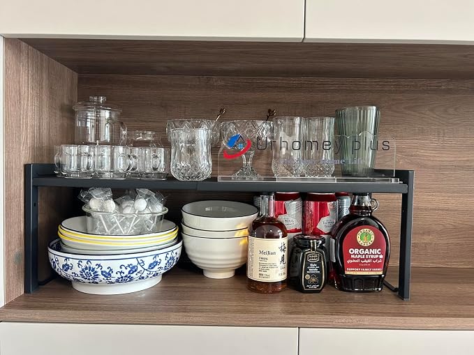 2 Pack Expandable Cabinet Shelf Organizer 16-26" L Stackable Kitchen Counter Shelves Rack Stand Sink Riser Countertop Storage Black (Normal 7.9”D) - Image 3
