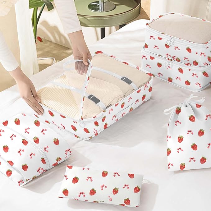 KPX 8 Set Packing Cubes for Travel, Luggage Packing Organizers Accessories Large Toiletries Bag for Clothes Shoes Cosmetics (Strawberry+Butterfly) - Image 6