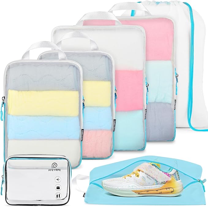 PFEYRPK Lightweight Compression Packing Cubes for Suitcases, Compressible Expandable Travel Packing Organizer with Clear Toiletries and Backpack Bag, Travel Essentials for Carry on Luggage 7 Set by PFEYRPK