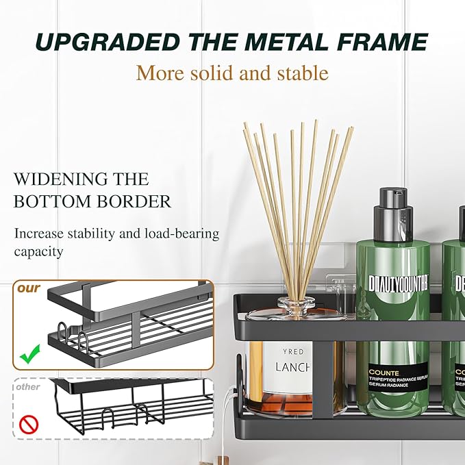 Youvip Adhesive Shower Caddy, Black, 3 Pack | Shower Shelves, Soap Holder and 12 Hooks, Rustproof, No Drilling, Bathroom Organizer and Storage - Image 4