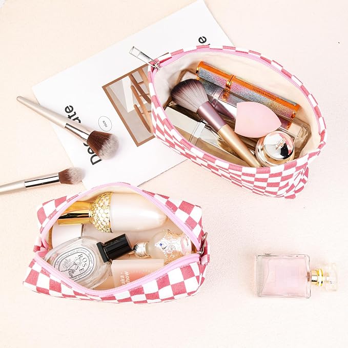 SOIDRAM 2 Pcs Checkered Makeup Bag Large Cosmetic Bag Toiletry Bag Makeup Pouch Travel Bag Organizer Cute Makeup Brushes Aesthetic Accessories Storage Bag for Women Peach Pink - Image 4