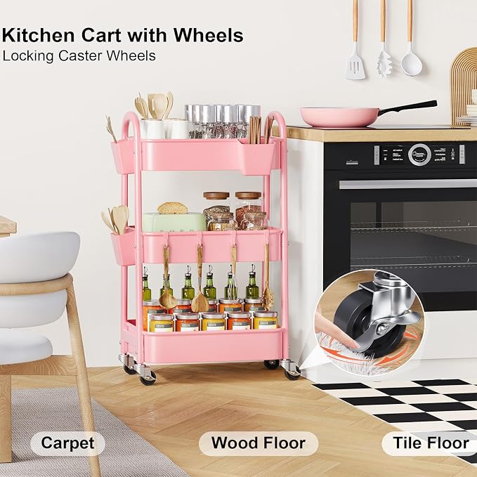 3 Tier Rolling Storage Cart Metal with Wheels, Pink Three Tiered Craft Cart | Utility Roller Shelf Carts on Wheels for Baby Nursery, Diaper Caddy, Art, Book, Nail Organizer, Makeup,Lash,Tech, Salon, Hair - Image 7