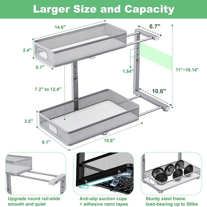 Under Sink Organizer 2 Pack, High Adjustable 2 Tier Under Sink Organizers and Storage, Slide out Metal Cabinet Organizers, Pull out Storage Drawer Shelf for Kitchen Bathroom Cabinet (Gray) - Image 4