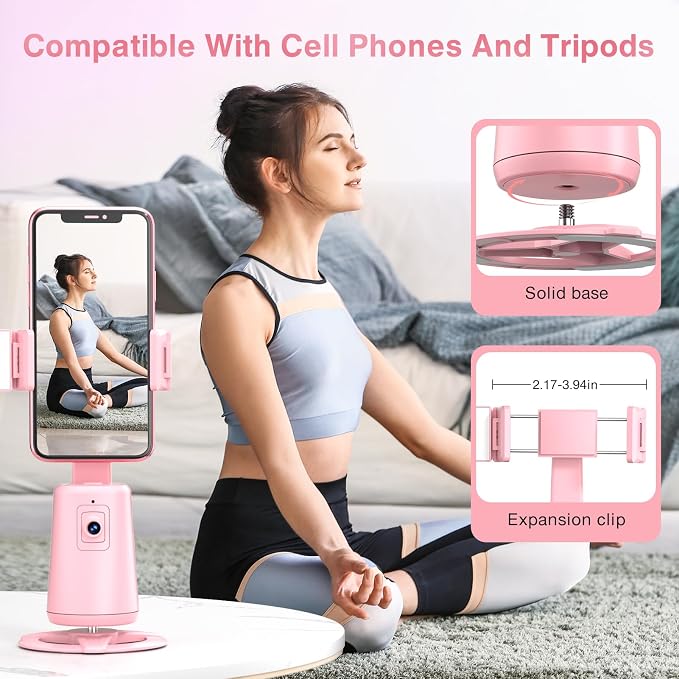 Auto Face Tracking Tripod 360° Rotating Cell Phone Photo and Video Kits Stand, No App, Camera Stand with Remote and Gesture Control, Rechargeable Smart Shooting Stand for Live Recording Tiktok（Pink） - Image 4