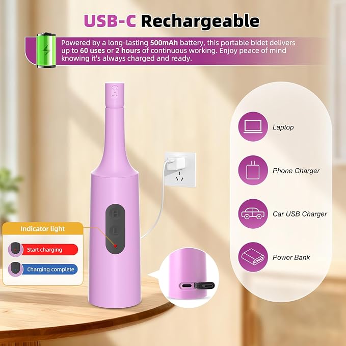 Hibbent Portable Bidet for Travel, High Pressure Electric Handheld Bidet Sprayer, 350-550ML Expandable Bottle for Personal Hygiene, USB-C Rechargeable Waterproof, Travel Sprayer for Women & Men, Pink - Image 5