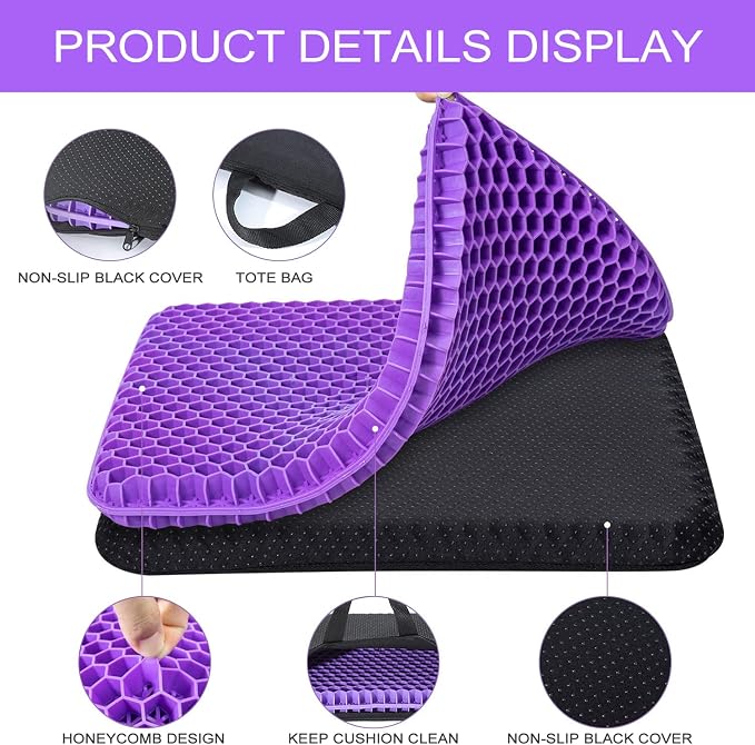 Gel Seat Cushion, for Long Sitting -Double Thick Gel Seat Cushion Breathable Honeycomb Chair Cushion with Non-Slip Cover for Office Chair Car, Wheelchair, Long Trips,Relief Sciatica Pain - Image 3