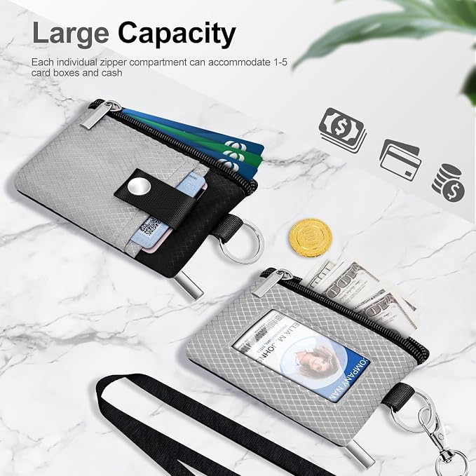 Minimalist RFID Blocking Small Wallet with ID Window,WaterResistant Zip Id Case Wallet with Lanyard Keychain for Cards,Cash,Travel,Women,Men (Light gray/Black) - Image 7