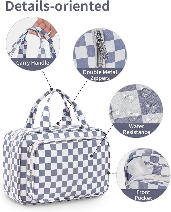 Narwey Hanging Toiletry Bag for Women Travel Makeup Bag Organizer Toiletries Bag for Travel Size Essentials Accessories Cosmetics (Grayish Blue Checkerboard (Medium)) - Image 5