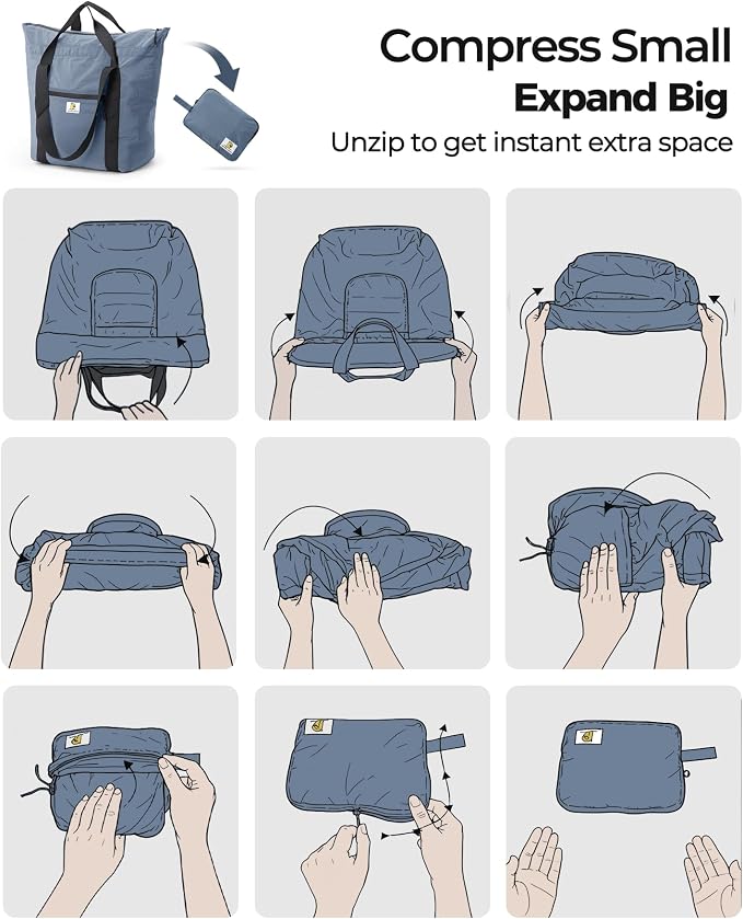 Foldable Travel Bag, 26L Lightweight Weekender Duffel, Expandable Second Carry-On Bag for Travel & Shopping, Water-Resistant Personal Item Bag, Mist Blue - Image 5
