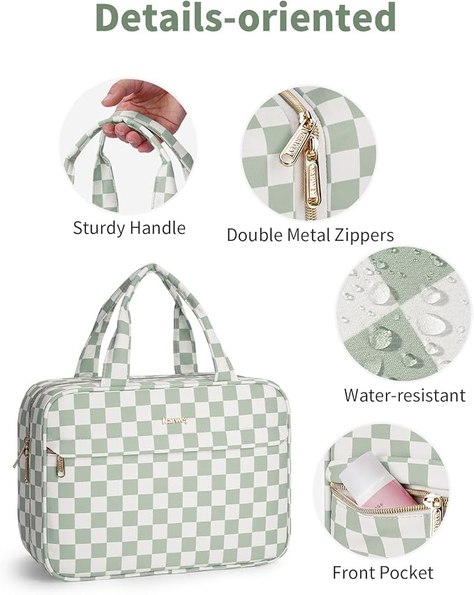 Narwey Hanging Travel Toiletry Bag for Women Checkered Makeup Bag Organizer Cosmetic Make up Toiletries Bag for Travel Essentials Accessories (Mint Green Checkerboard, Large) - Image 5