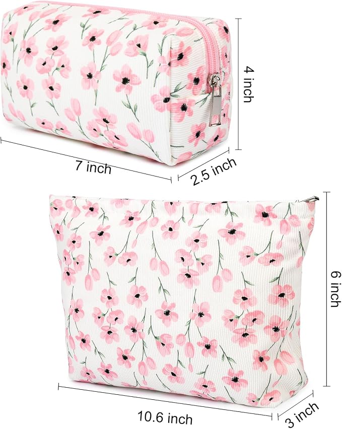 SOIDRAM 2 Pieces Flower Makeup Bag Large Floral Cosmetic Bag Capacity Canvas Mix Travel Toiletry Bag Organizer Cute Makeup Brushes Aesthetic Accessories Storage Bag for Women, Flower Mix Pink - Image 3