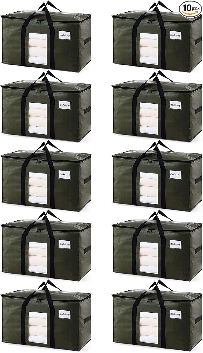 TAILI 10 Pack Green Extra Large Moving Bags,Storage Bag with Visible Window | 93L Heavy Duty Totes For Home Storage,Wrap Around Handles,Alternative to Moving Boxes, College Dorm,Perfect for Moving by TAILI