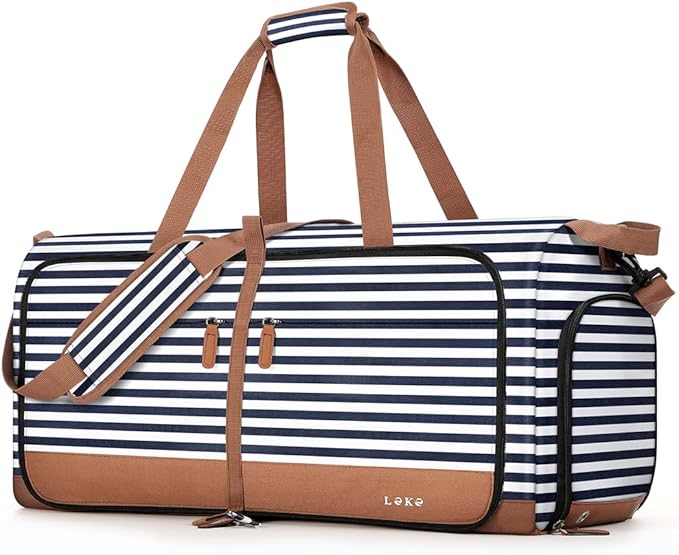 Lekesky Foldable Travel Duffle Bag for Women, 80L Large Duffel Bag with Separate Shoes Compartments & Straps, Carry On Weekend Bag for Women, Hospital, Overnight (Blue Stripes) by LEKESKY