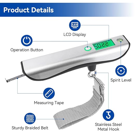 110lb Digital Luggage Scale with Overweight Alert for Air Travel | Bubble Level, 3 ft Tape Measure, Backlit LCD Display, Portable Handheld Hanging Scale for Travel, Fishing, Hunting, Home Use - Image 9