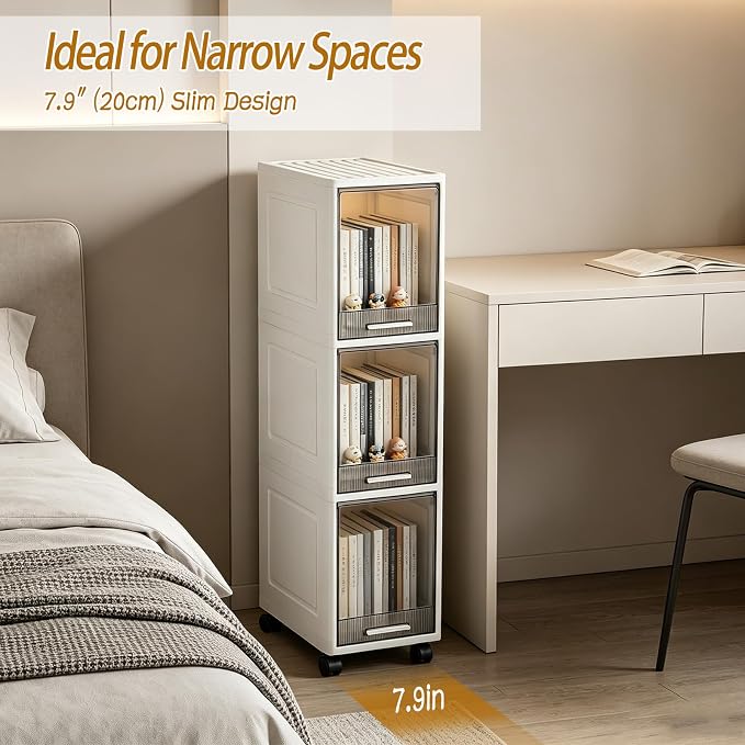 3 Drawer Slim Storage Organizer, Narrow Plastic Storage Drawer Cart with 4 Wheels, 3 Tier Space Saving Storage Tower Box, Narrow Storage Cart for Small Space Bedroom Bathroom Kitchen Pantry Office - Image 3