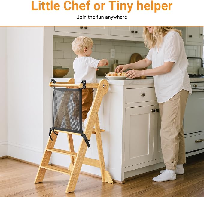COSYLAND Foldable Toddler Kitchen Stool Helper - Standing Stool Tower | Folding 2-level Height Stand Tower, kids 18M-6Y, 70% pre-assembled anti-tip & non-slip bathroom Sink or Kitchen Counter - Image 2