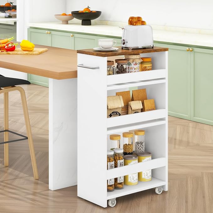 IBUYKE Slim Storage Cart Skinny Rolling Cart Utility Trolley UWST005W-L | 4-Tier,7.9" Narrow, with Handle & Lockable Wheels, for Kitchen Laundry Room Bathroom, Small Spaces,Space-Saving - Image 2