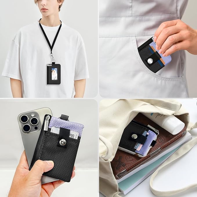 Minimalist RFID Blocking Small Wallet with ID Window,WaterResistant Zip Id Case Wallet with Lanyard Keychain for Cards,Cash,Travel,Women,Men (Black/Lavender Purple) - Image 9