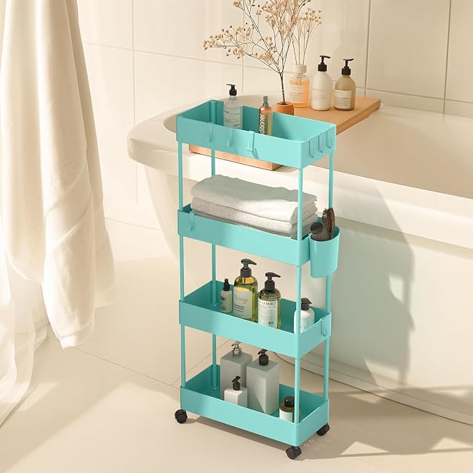 Pipishell 4 Tier Slim Storage Cart with Wheels, Laundry Cart, Turquoise | 7.1 Inches Wide – Fits Narrow Spaces, Storage Cup and 6 Hooks, Ventilation Holes, Durable ABS Material, Detachable Wheels - Image 9