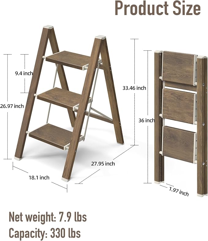 Mayi Plus 3 Step Stool Foldable, Aluminum, Lightweight Step Ladder | Extra-wide anti-slip folding steps with 330 lbs, for home,kitchen,office,outdoor,Cherry woodgrain - Image 6