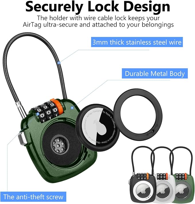 Compatible with Apple AirTag Secure Lock with Wire Cable, 3-Digit Combination Luggage Locks, Alloy Body Ultra Durable Anti-Lost Protective Case for Luggage, Bags, Suitcase, and Backpacks (GREEN) - Image 5