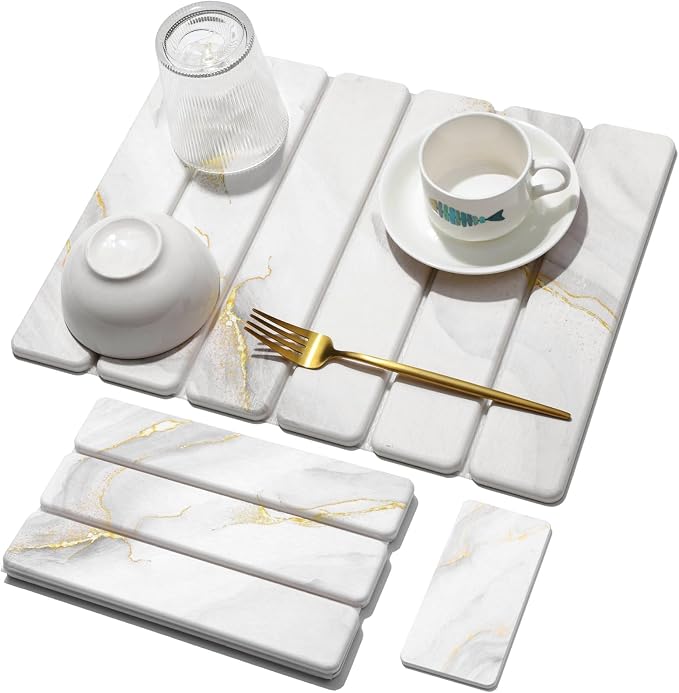Small Stone Dish Drying Mat for Kitchen Counter, 15.7"×12" & 8"x4" Quick Dry Stone Mats, Foldable Water Absorbing Diatomaceous Earth Drying Dish Pad for Countertop Bottles Utensils Cup(Gold White) by linidcoudhome