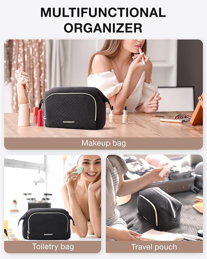 BAGSMART Travel Makeup Bag, Cosmetic Bag Make Up Organizer Case,Large Wide-open Pouch for Women Purse for Toiletries Accessories Brushes Black - Image 4