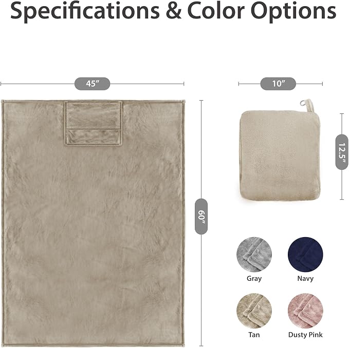 DEZ FURNISHINGS 4-in-1 Self-Storing Travel Blanket & Pillow, Soft Fleece Airplane Blanket with Luggage Sleeve & Backpack Clip, 60" x 45", Tan - Image 3