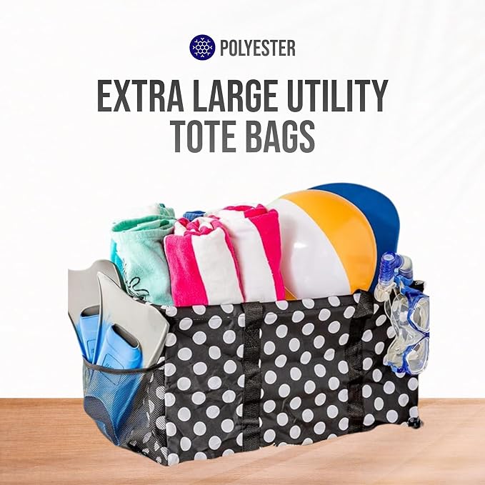 Extra Large Utility Tote Bag - Oversized Collapsible Reusable Wire Frame Rectangular Canvas Basket With Two Exterior Pockets For Beach, Pool, Laundry, Car Trunk, Storage - White Polka Dot - Image 7