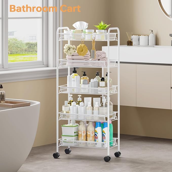 TOOLF 5 Tier Rolling Cart, Metal Utility Storage Cart with Wheels, White | 3 Hooks, Screwless Assembly, Trolley Organizer for Bathroom, Kitchen, Office, Nursery, Dorm, Laundry Room - Image 2