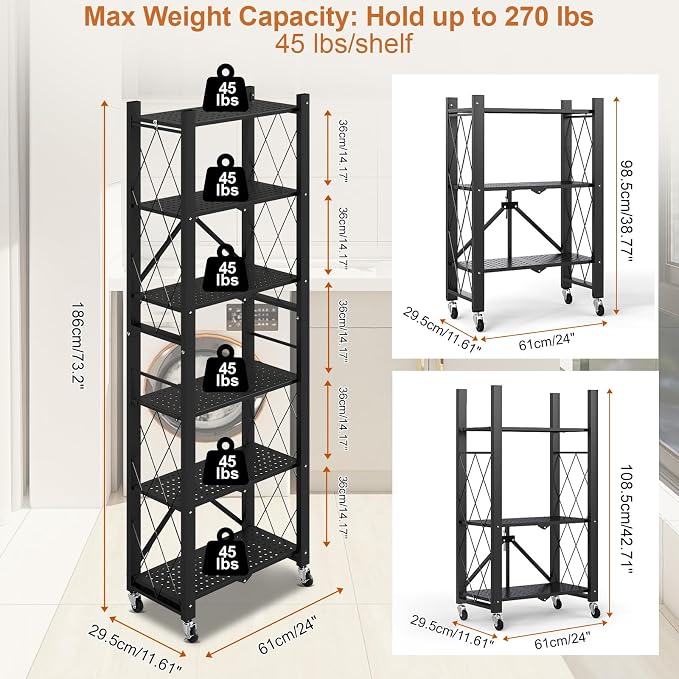 6-Tier Foldable Storage Shelves with Wheels Folding Bookshelf no Assembly | Folding Metal Shelf Unit, Collapsible Shelves for Craft Shows for Kitchen, Bedroom, Living Room, Black - Image 2