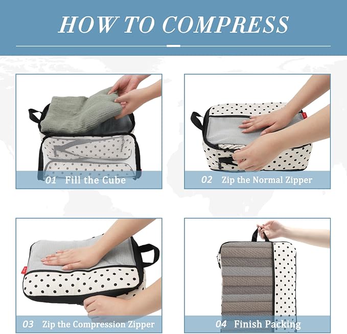 U+U 6 Set Compression Packing Cubes, Travel Organizers (Polka Dot) | Space-Saving & Drawstring Bag Included - Image 4